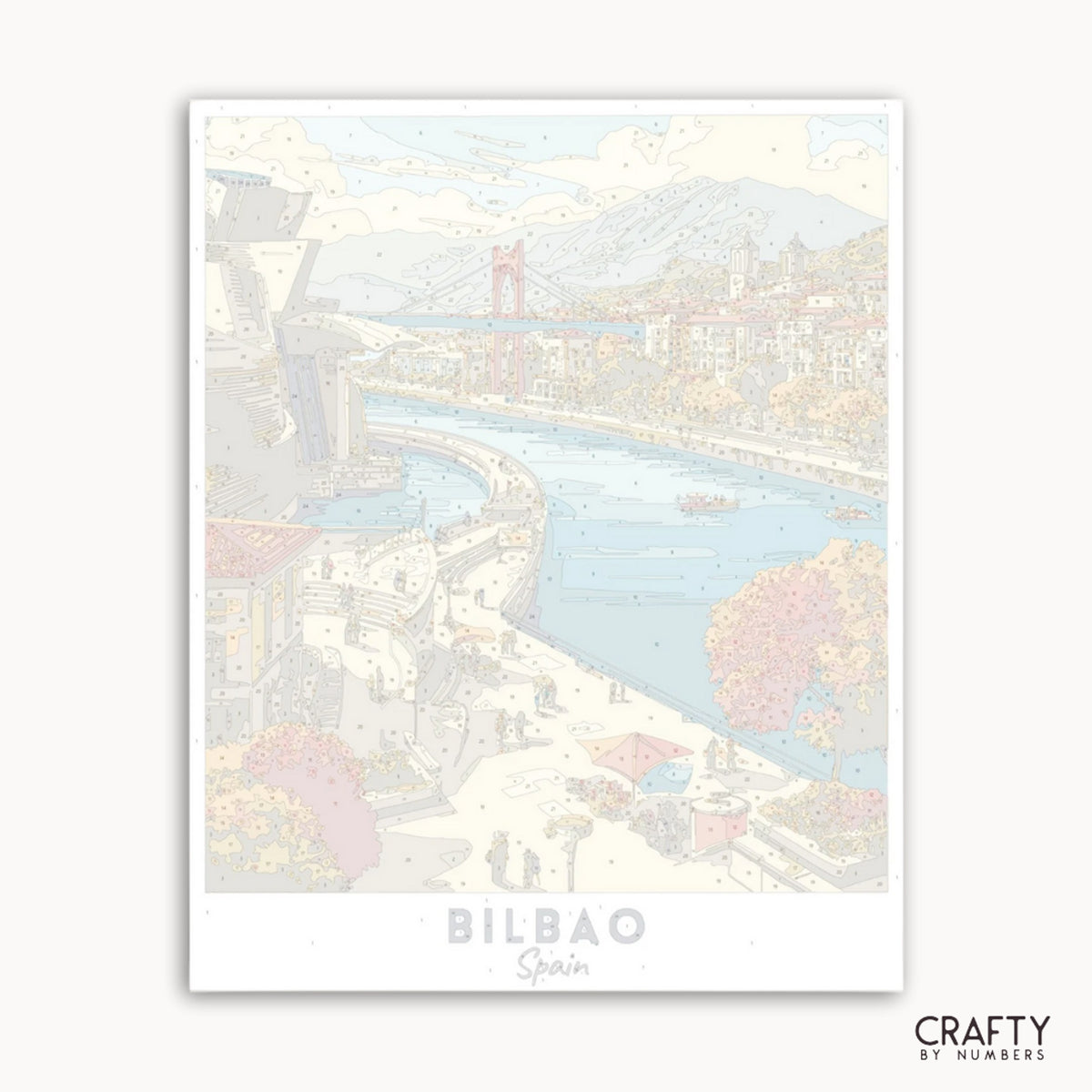 Gerahmtes Kunstwerk von Bilbao, Spanien, mit einer Stadtlandschaft und einem Fluss.