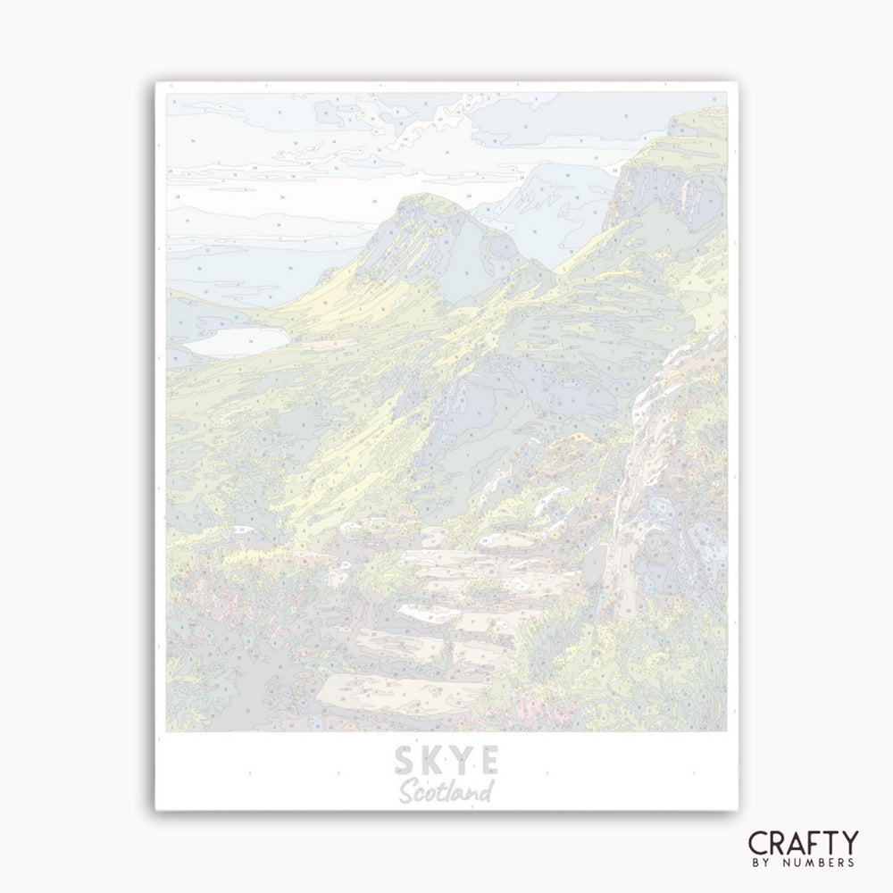 Poster of a mountain landscape with 'Skye, Scotland' text and 'Crafty by Numbers' branding.