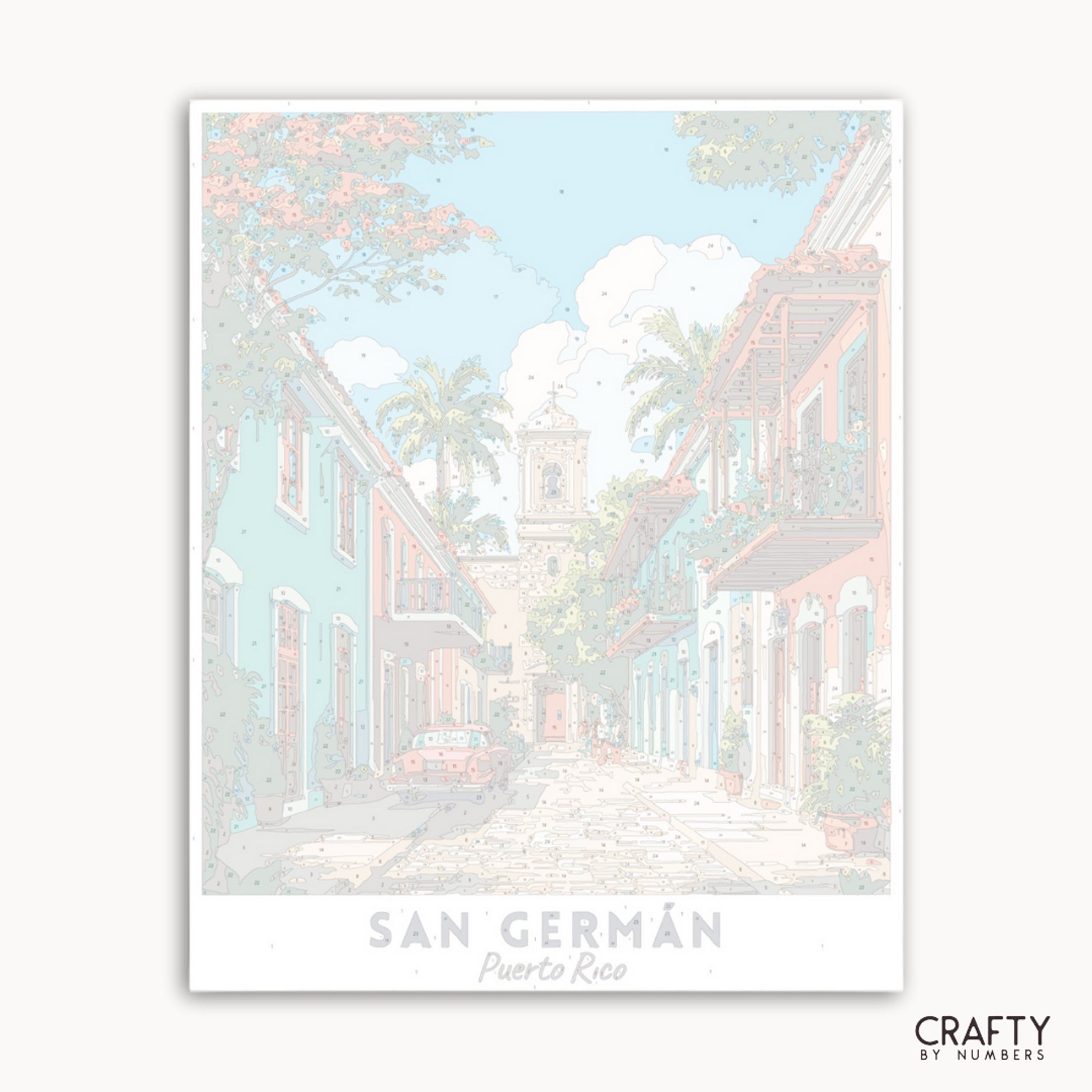 Illustration of a street scene in San German, Puerto Rico with pastel colors.