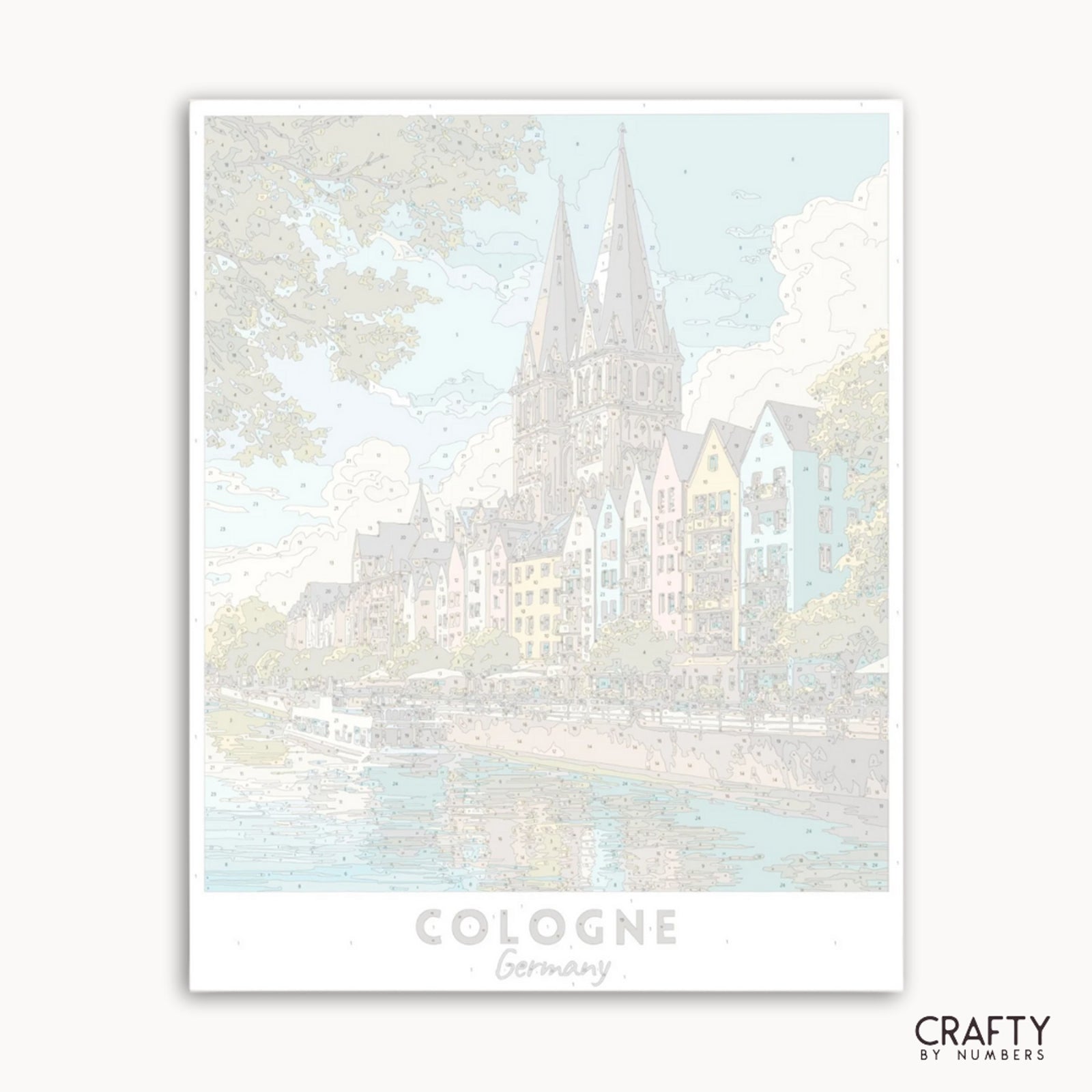 Pastellfarbene Illustration einer Stadtansicht mit einem markanten Turm, beschriftet mit „Köln, Deutschland“, auf weißem Hintergrund.