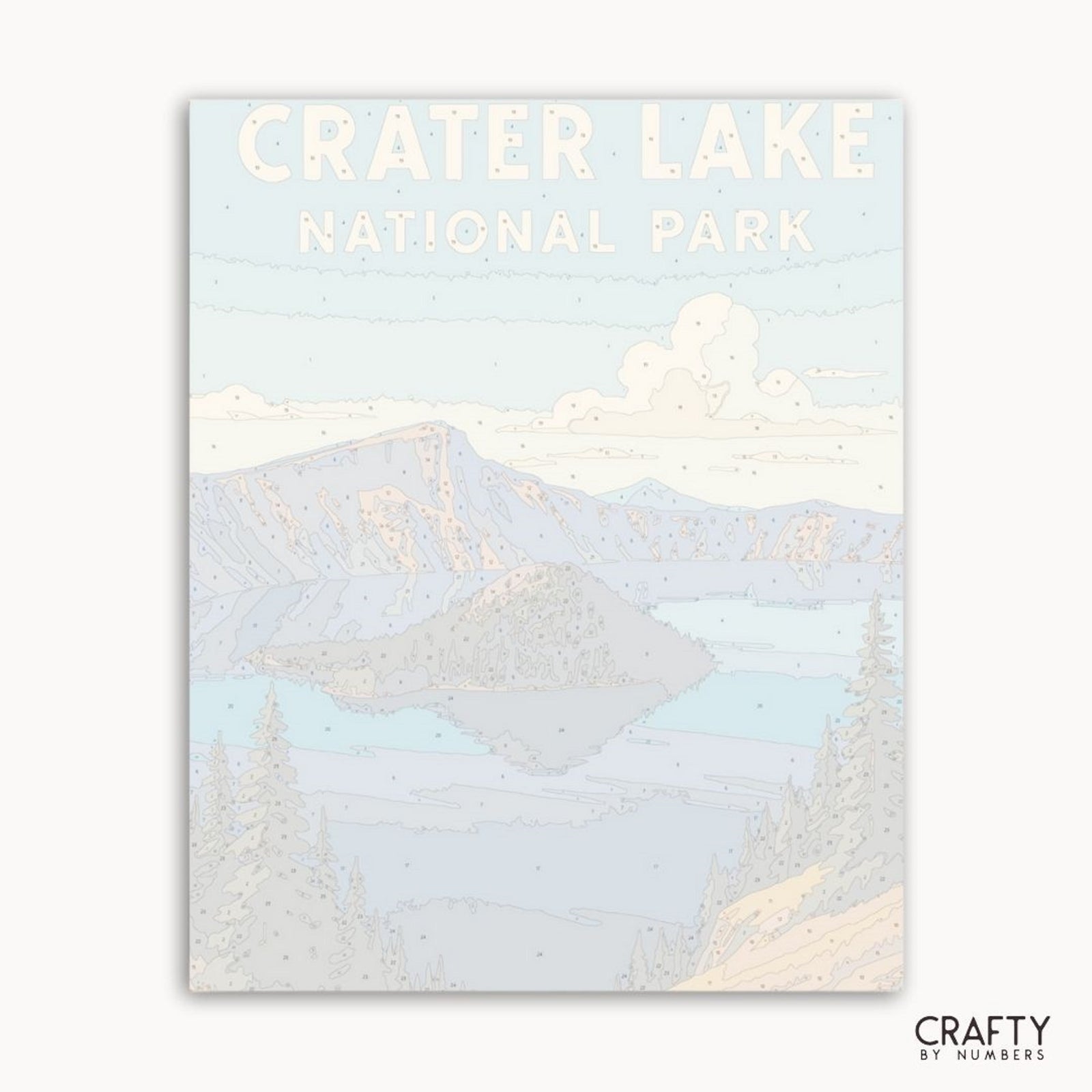 Mountain lake canvas painting kit, Crater Lake National Park paint by numbers for creative home decor.