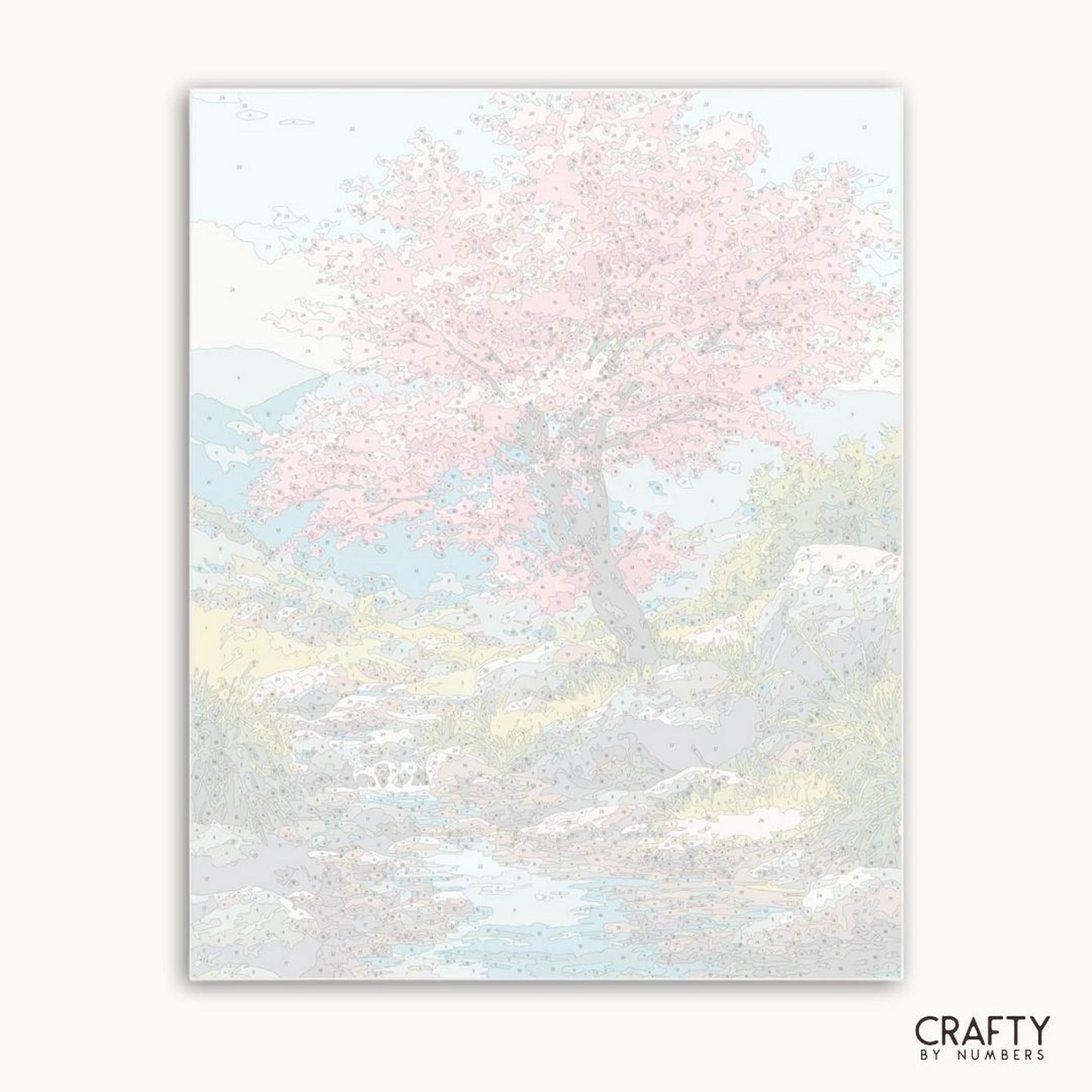 Pastel-colored abstract art with a tree and landscape on a white background, featuring the brand 'Crafty by Numbers'.
