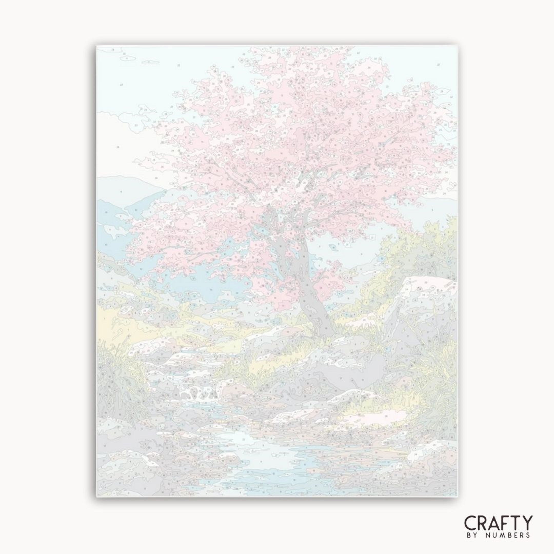 Pastel-colored abstract art with a tree and landscape on a white background, featuring the brand 'Crafty by Numbers'.