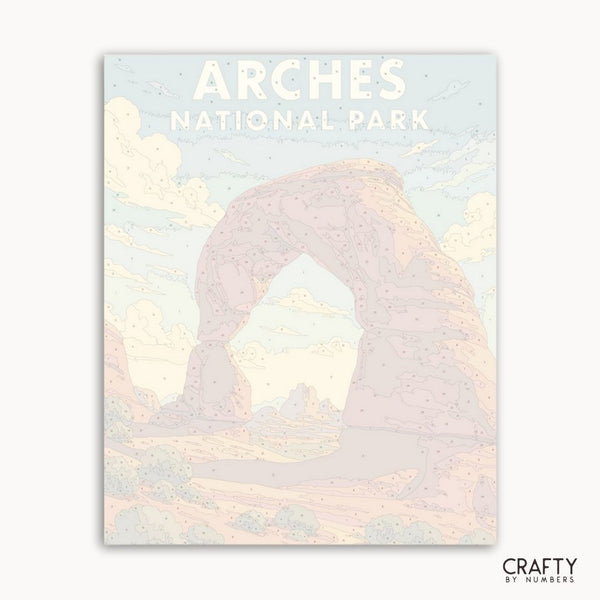 Adult paint by numbers project showcasing vibrant desert scenery in Arches National Park.