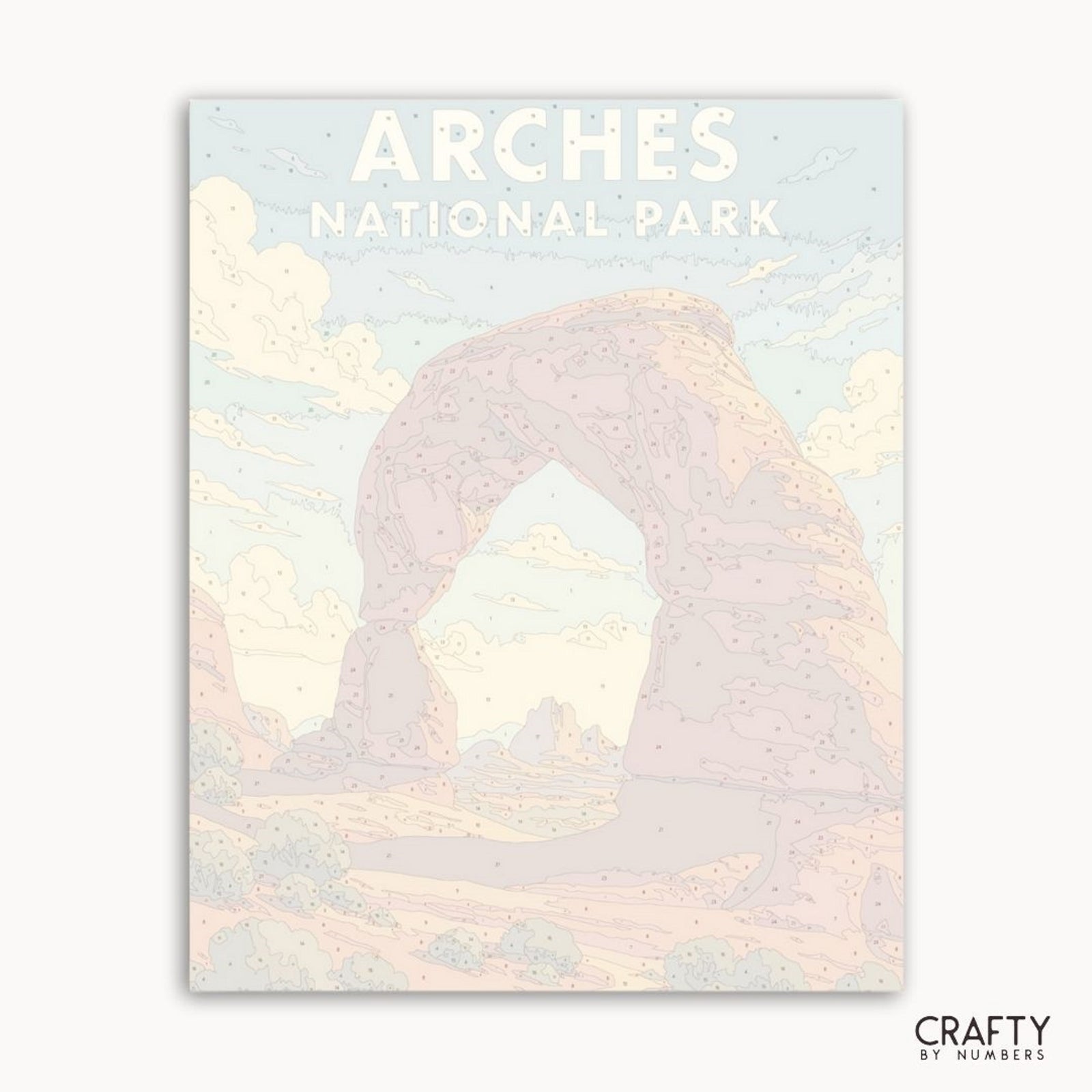 Proyecto de pintura por números para adultos que muestra un vibrante paisaje desértico en el Parque Nacional Arches.