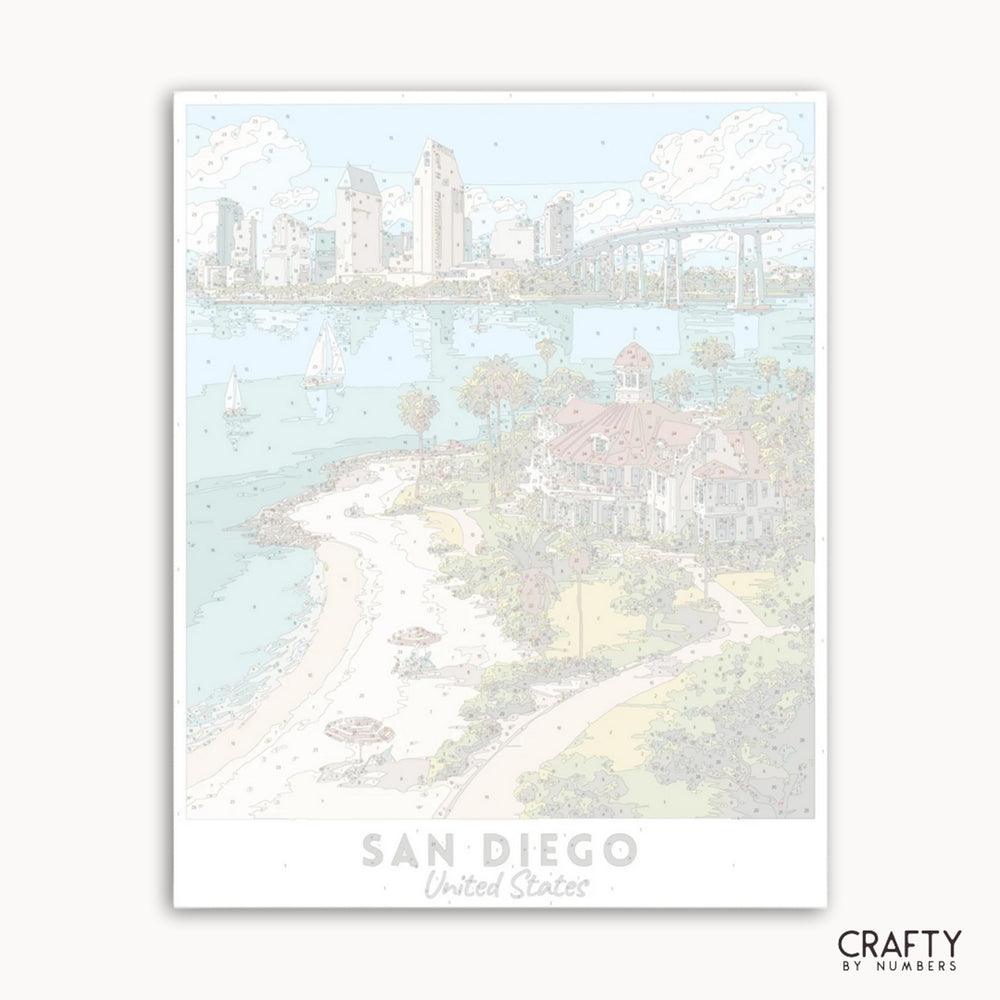 Illustration of a city skyline with 'San Diego, United States' text on a light blue background.