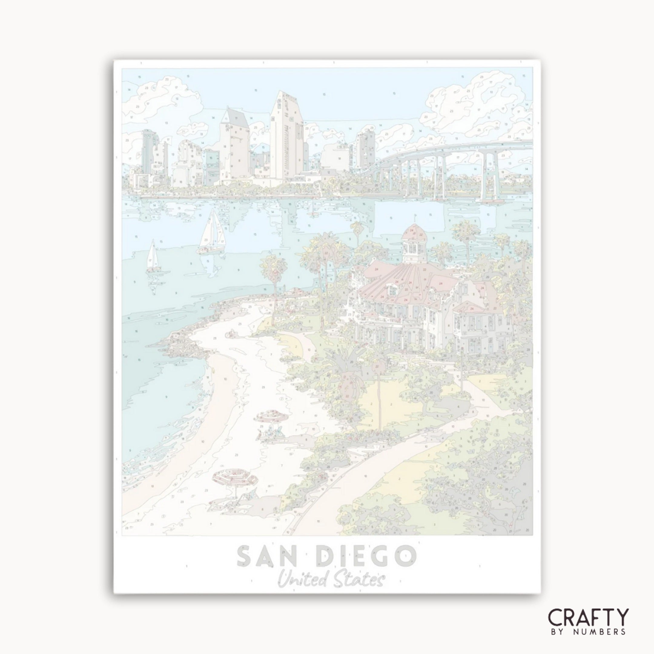 Illustration of a city skyline with 'San Diego, United States' text on a light blue background.