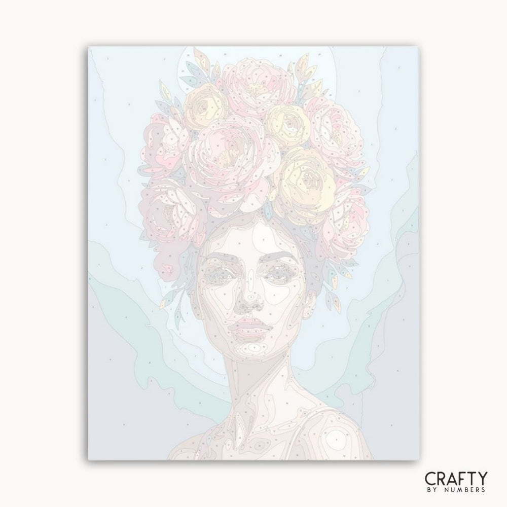 Art print of a woman with a floral headpiece on a light blue background, with 'Crafty by Numbers' branding.