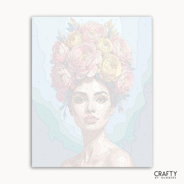 Art print of a woman with a floral headpiece on a light blue background, with 'Crafty by Numbers' branding.