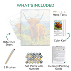 Painting kit components including a highland cow painting, reference sheet, brushes, paint set, color key, and detailed guide.