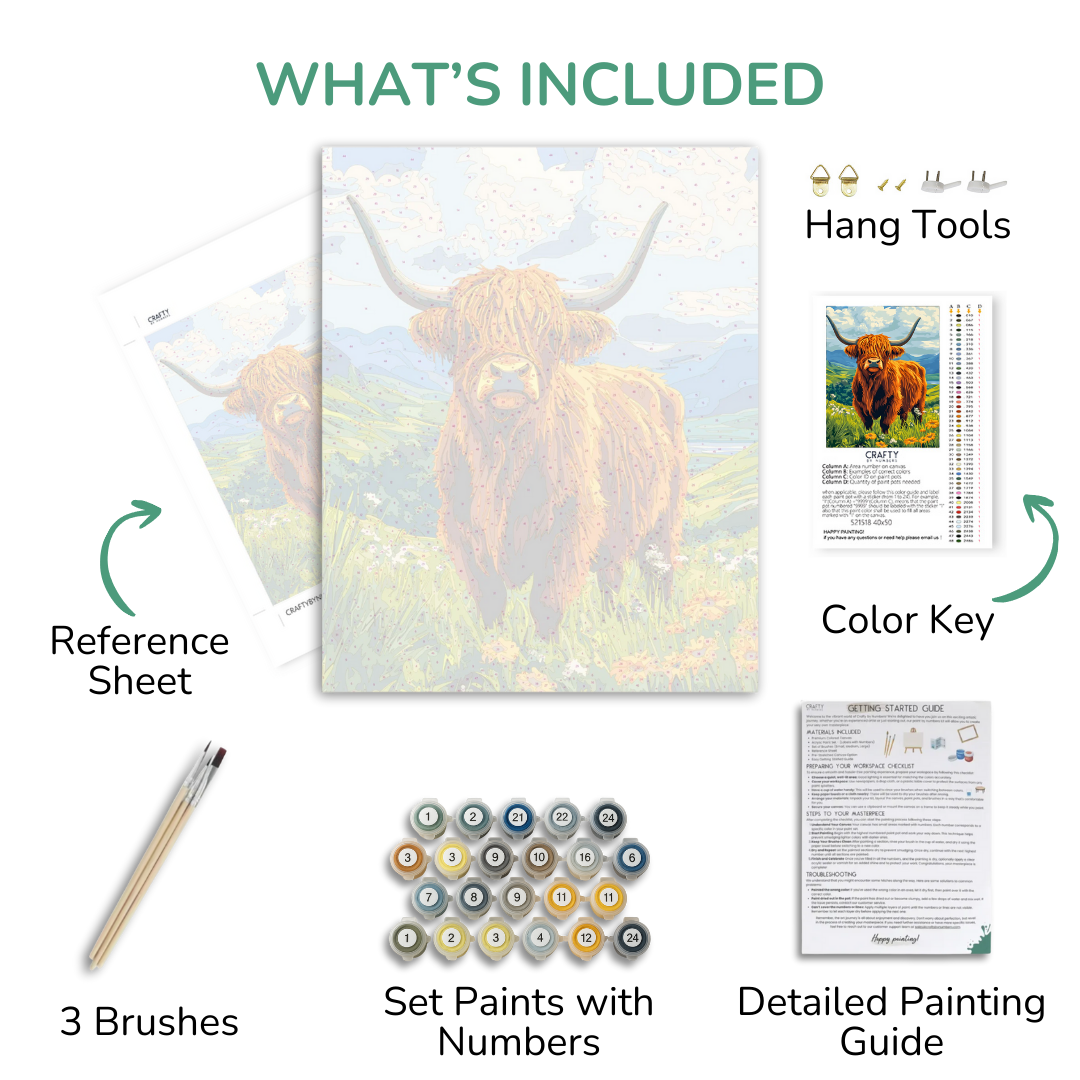 Painting kit components including a highland cow painting, reference sheet, brushes, paint set, color key, and detailed guide.