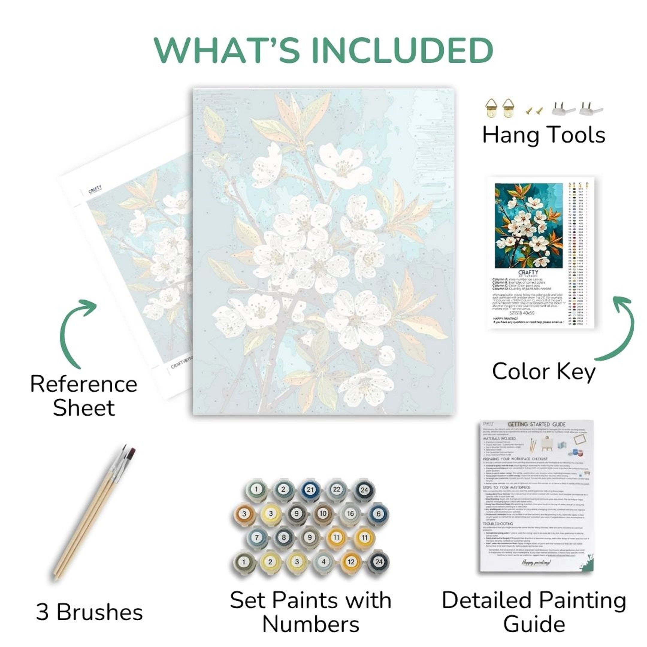Artistic painting kit components including a reference sheet, brushes, paint set, color key, and detailed painting guide.