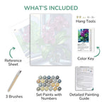Artistic painting kit components including reference sheet, brushes, paint set, color key, and detailed guide on a white background.