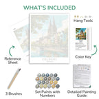 Collage of items included in a painting kit with text labels.