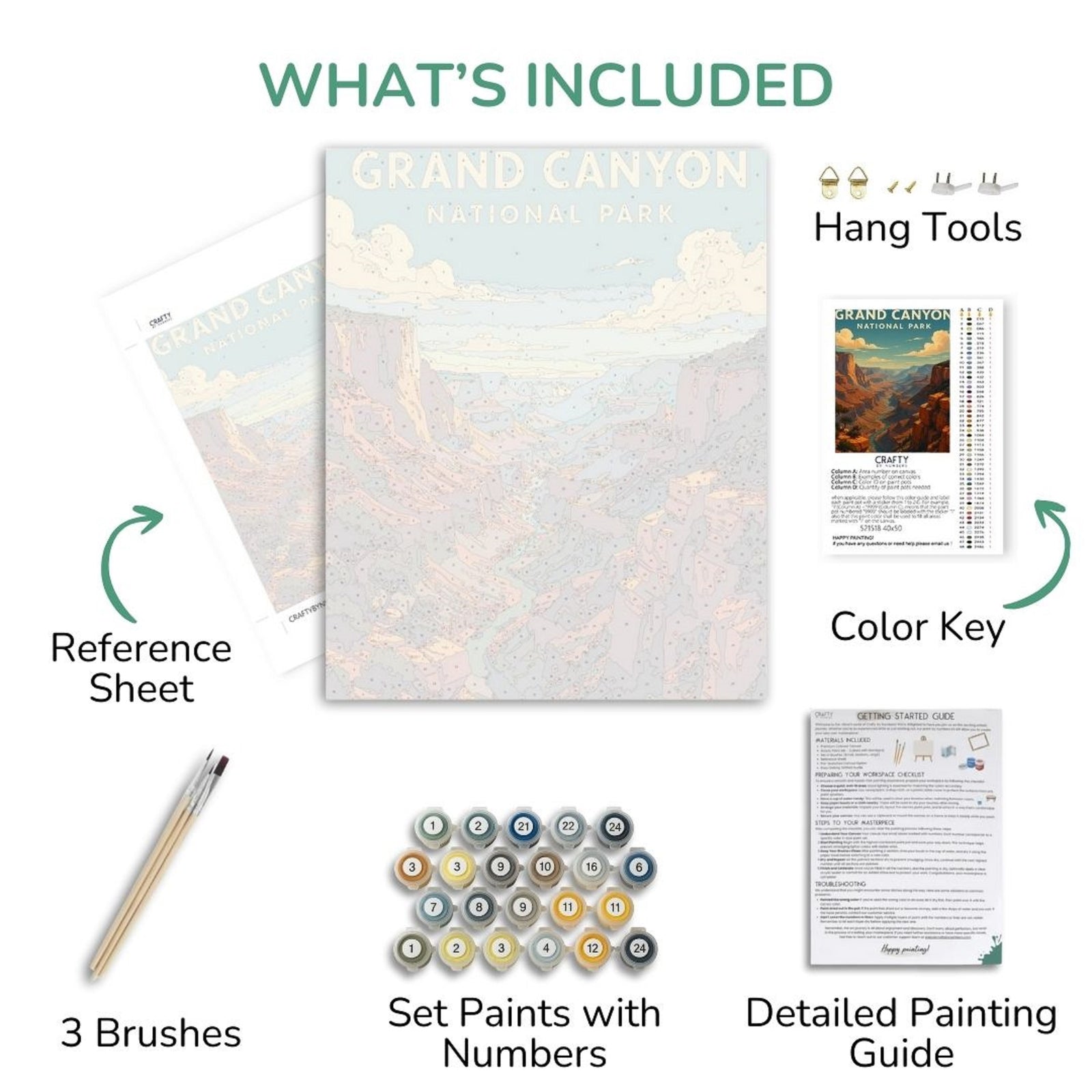 Componentes del kit de pintura que incluyen hoja de referencia, juego de pintura, pinceles e instrucciones sobre fondo blanco.