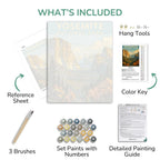 Yosemite National Park painting kit with reference sheet, brushes, paint set, and detailed guide.