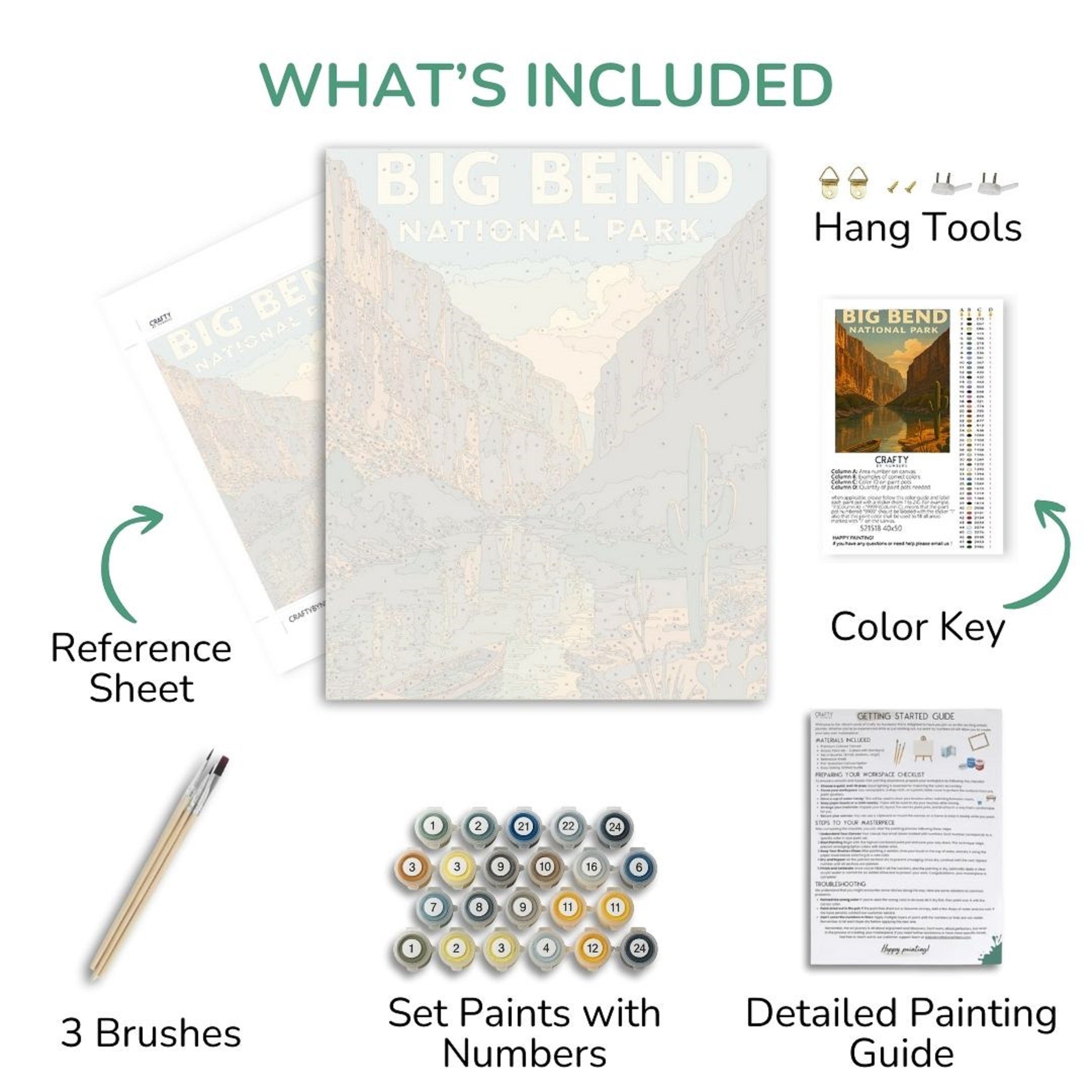 Collection of art supplies including a painting guide, reference sheet, brushes, and paint set with numbers.