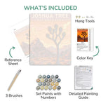 Artistic painting kit with reference sheet, brushes, paint set, color key, and detailed guide on a white background.