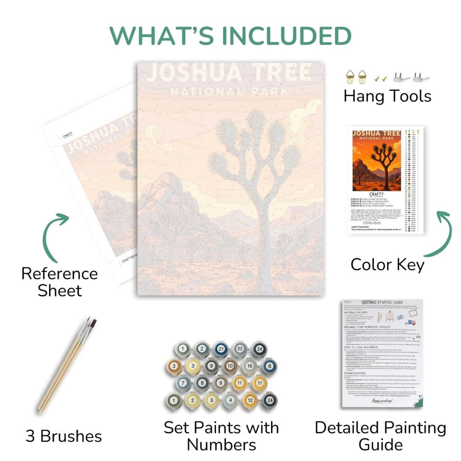 Artistic painting kit with reference sheet, brushes, paint set, color key, and detailed guide on a white background.