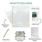 Artistic painting kit with reference sheet, brushes, paint set, and detailed guide on a white background.