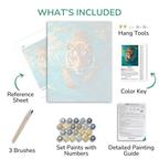 Artistic painting kit with reference sheet, brushes, paint set, color key, and detailed guide.