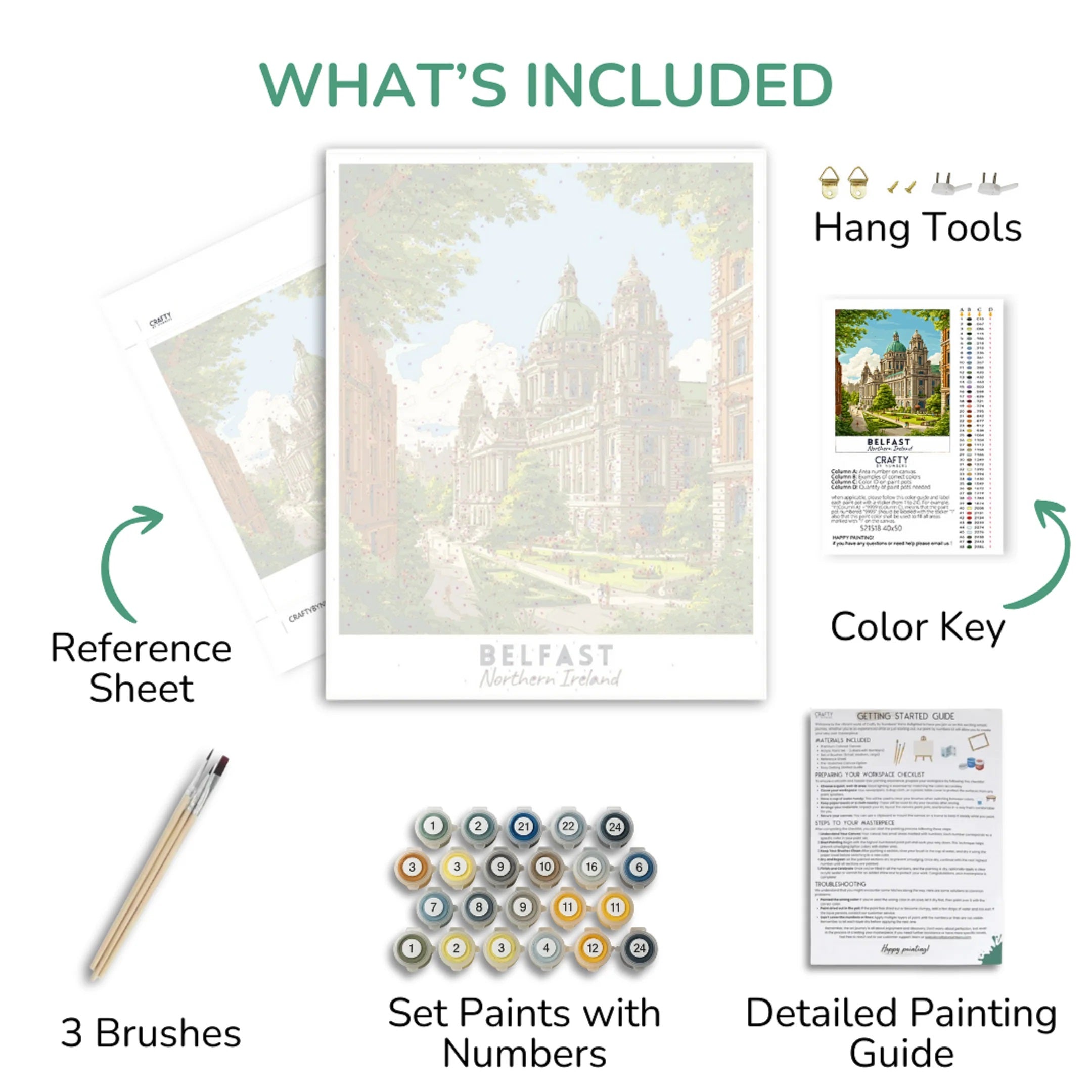 Artistic painting kit components including a reference sheet, paint set, brushes, and detailed guide.