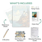 Acadia National Park painting kit with reference sheet, brushes, paint set, and detailed guide.