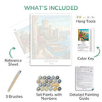Artistic painting kit components including reference sheet, brushes, paint set, color key, and detailed guide on a white background.