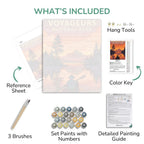 Painting kit components including a poster, reference sheet, brushes, paint set, and detailed guide.