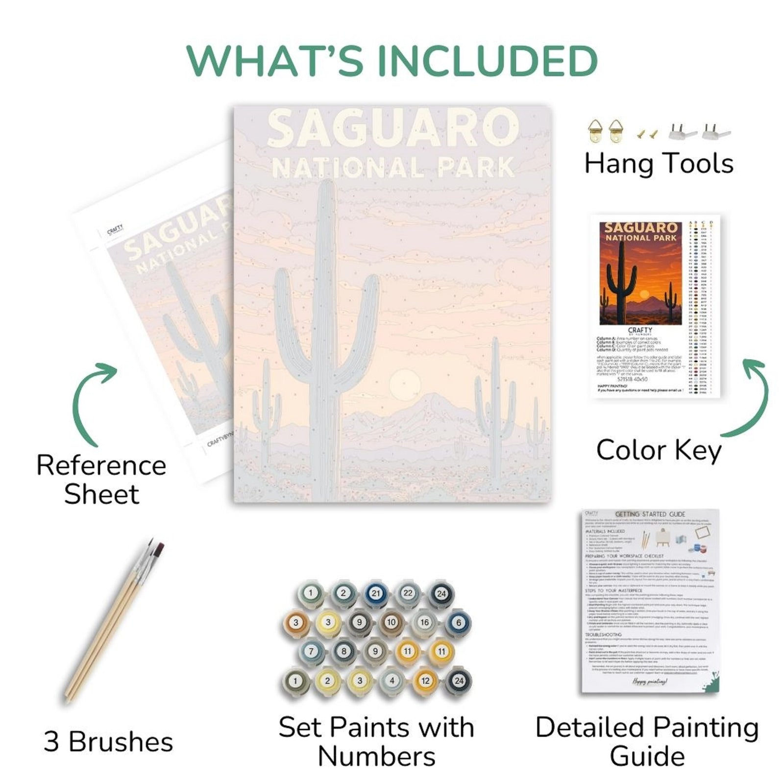 Componentes del kit de pintura artística que incluyen hoja de referencia, juego de pintura, pinceles y guía detallada con el tema del Parque Nacional Saguaro.