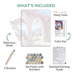 Artistic painting kit components including a reference sheet, brushes, paint set, color key, and detailed painting guide.