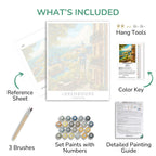 Collection of items included in a painting set, including reference sheet, paint set, brushes, and detailed guide.