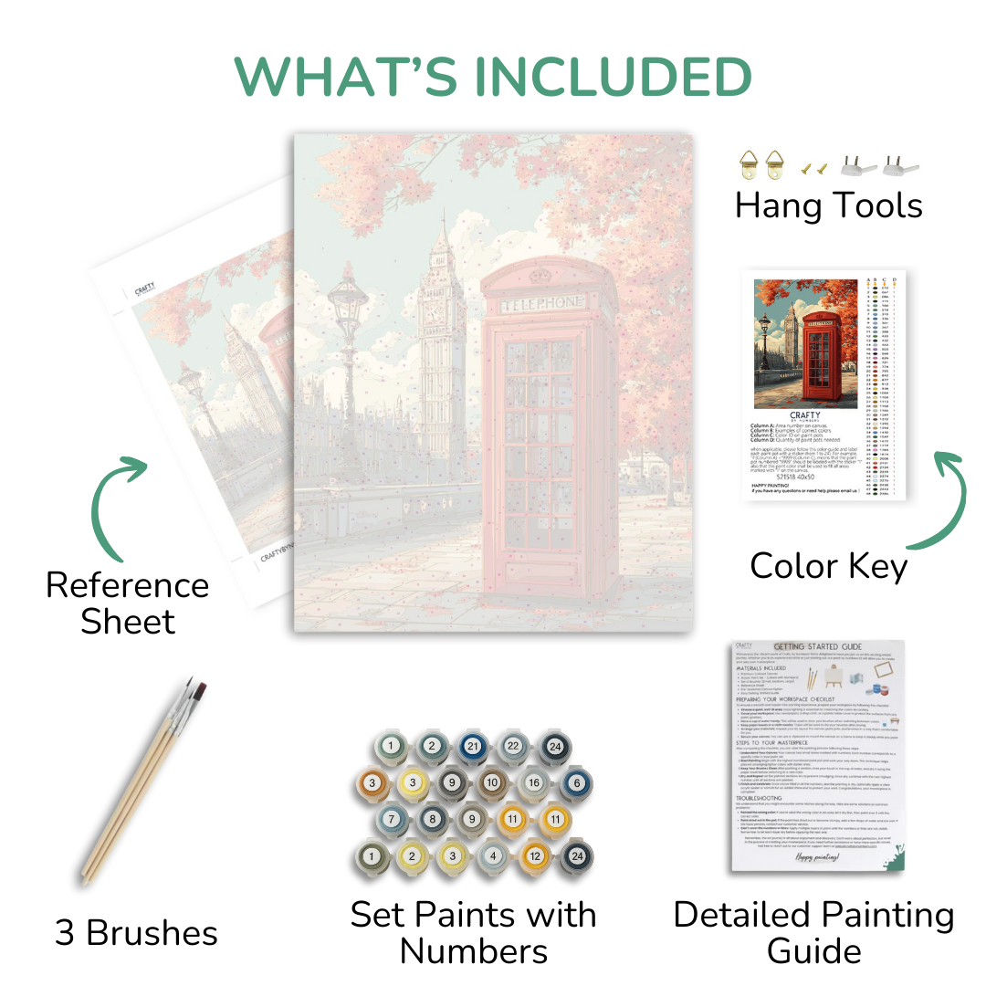 Artistic painting kit with reference sheet, brushes, paint set, color key, and detailed guide on a white background.