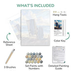 Artistic painting kit components including a canvas, brushes, paint set, reference sheet, and more.