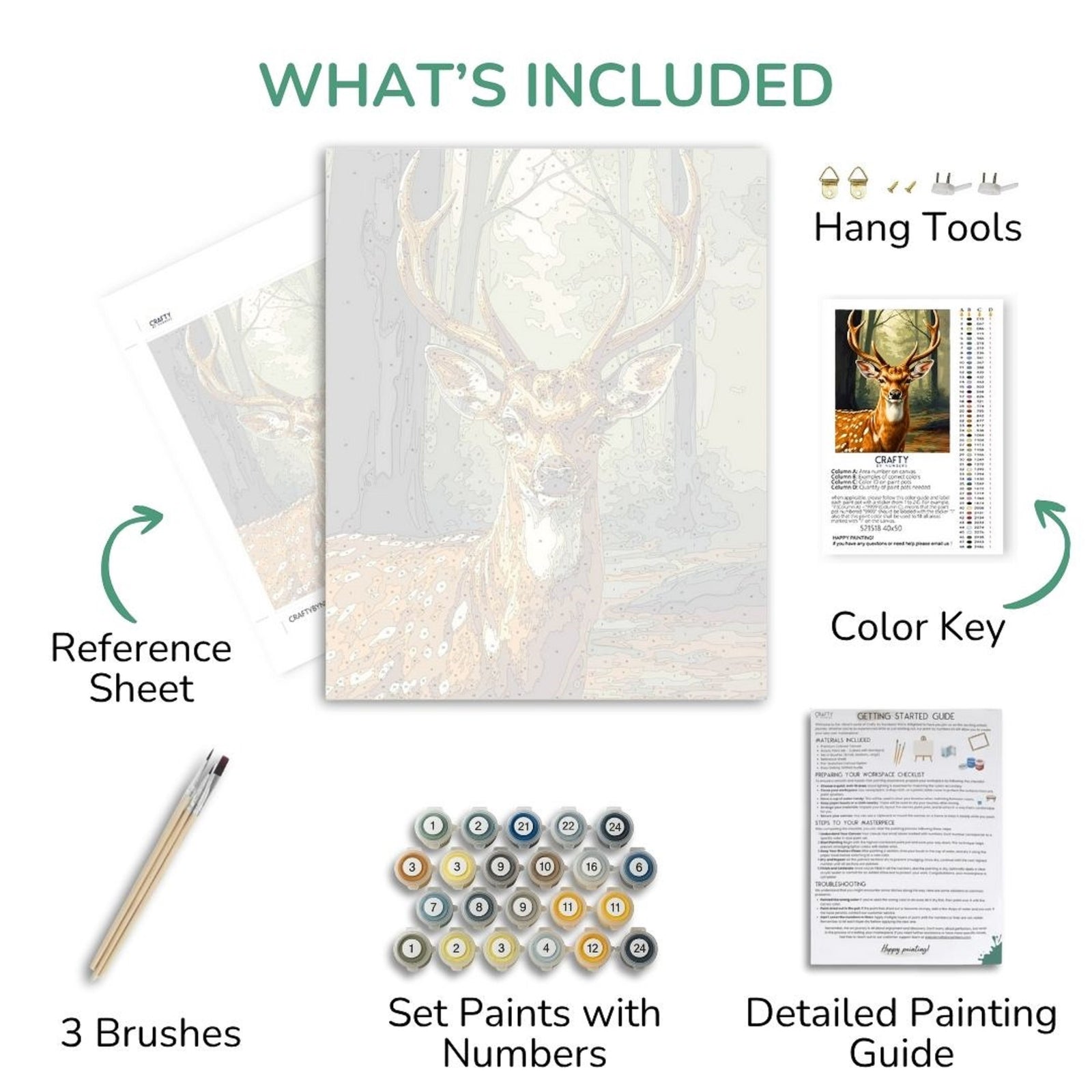 Componentes del kit de pintura artística que incluyen una pintura de ciervo, una hoja de referencia, pinceles, un juego de pintura, una clave de color y una guía de pintura detallada sobre un fondo blanco.