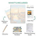 Artistic painting kit components including a canvas, reference sheet, brushes, set paints, color key, and detailed painting guide.