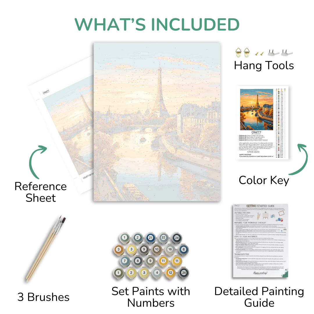 Componentes del kit de pintura artística que incluyen un lienzo, una hoja de referencia, pinceles, un juego de pinturas, una clave de color y una guía de pintura detallada.