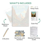 Artistic painting kit with Zion National Park theme, including a canvas, reference sheet, brushes, paint set, and detailed guide.