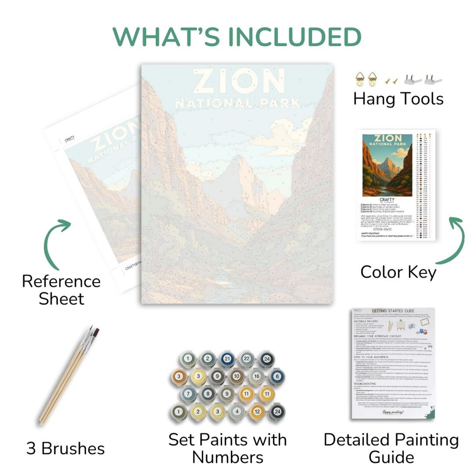 Artistic painting kit with Zion National Park theme, including a canvas, reference sheet, brushes, paint set, and detailed guide.