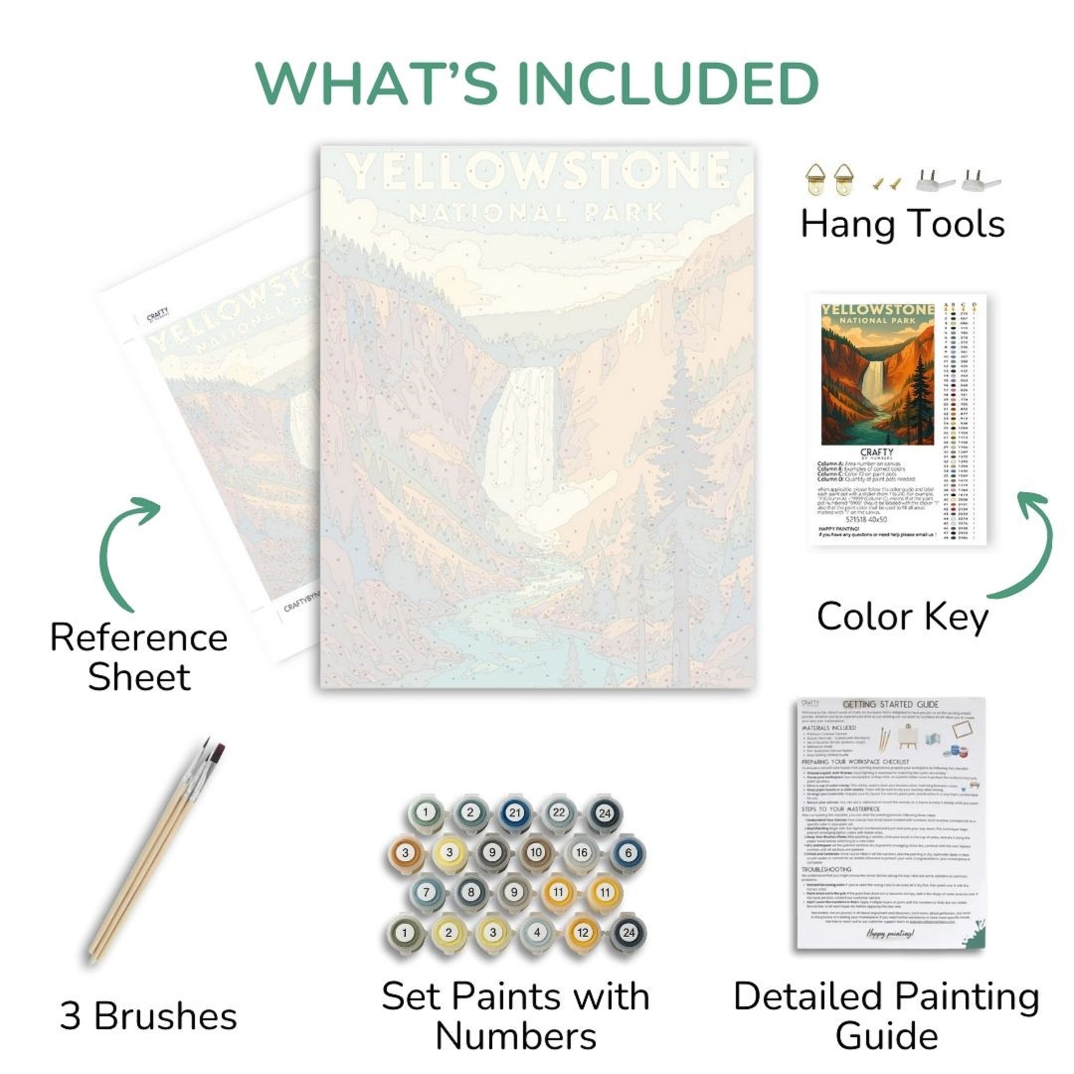 Yellowstone painting kit with reference sheet, brushes, paint set, color key, and detailed guide.
