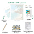 Collection of art supplies including a painting, reference sheet, brushes, paint set, and detailed guide on a white background.