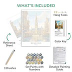 Artistic painting kit components including reference sheet, hang tools, color key, brushes, set paints with numbers, and detailed painting guide.