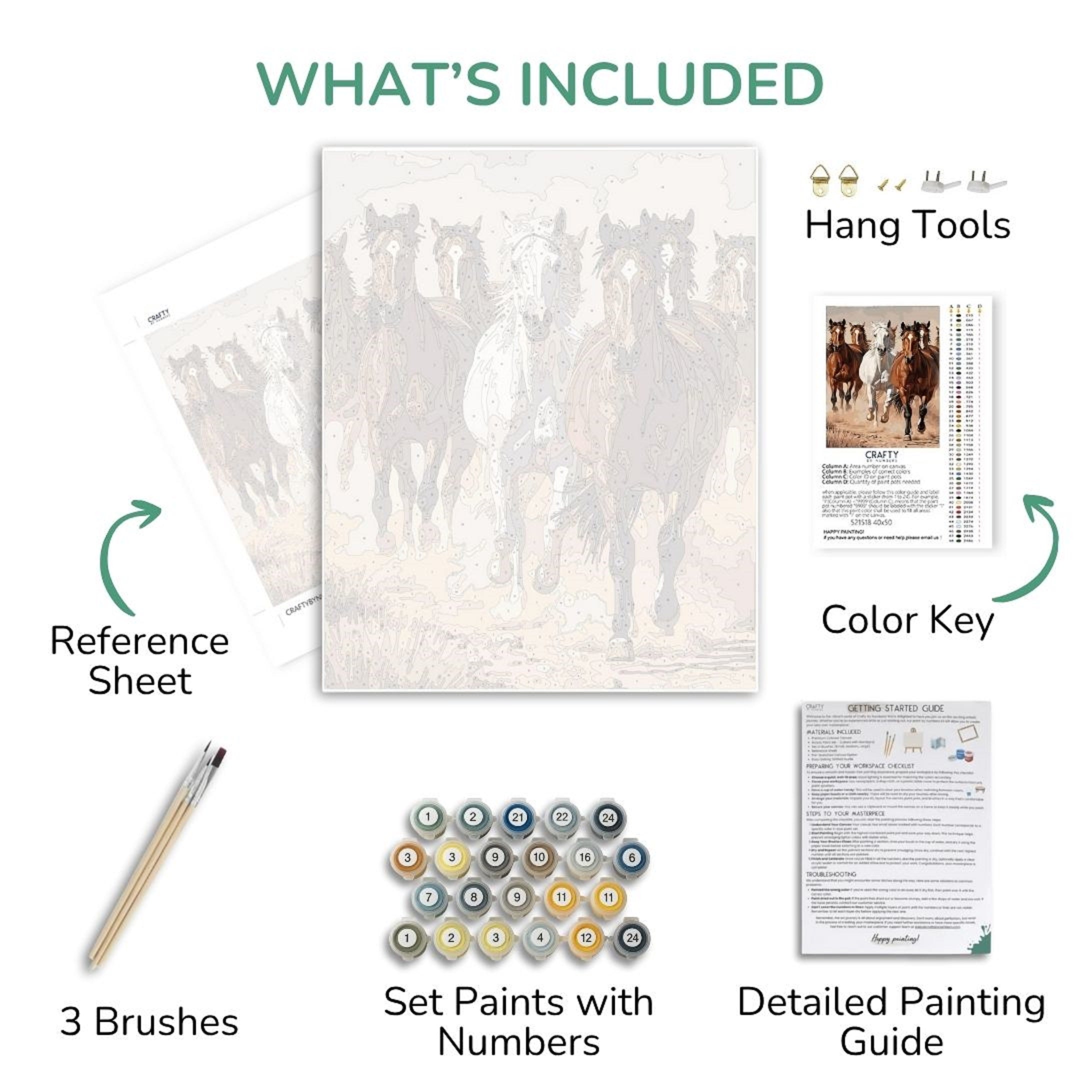 Artistic painting kit components including a reference sheet, paint set with numbers, brushes, and a detailed painting guide.