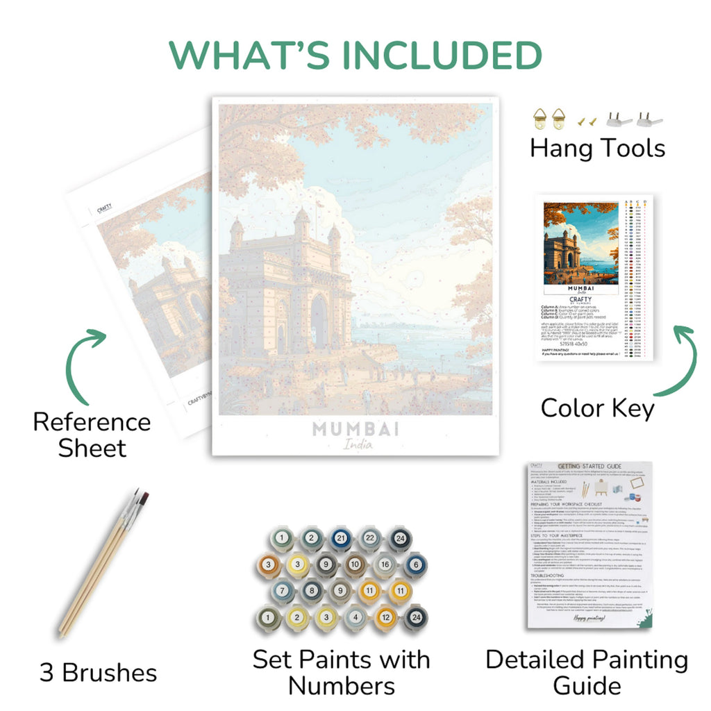 Collection of art supplies including brushes, paint set, reference sheet, and detailed painting guide.
