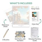 Collection of art supplies including brushes, paint set, reference sheet, and detailed painting guide.