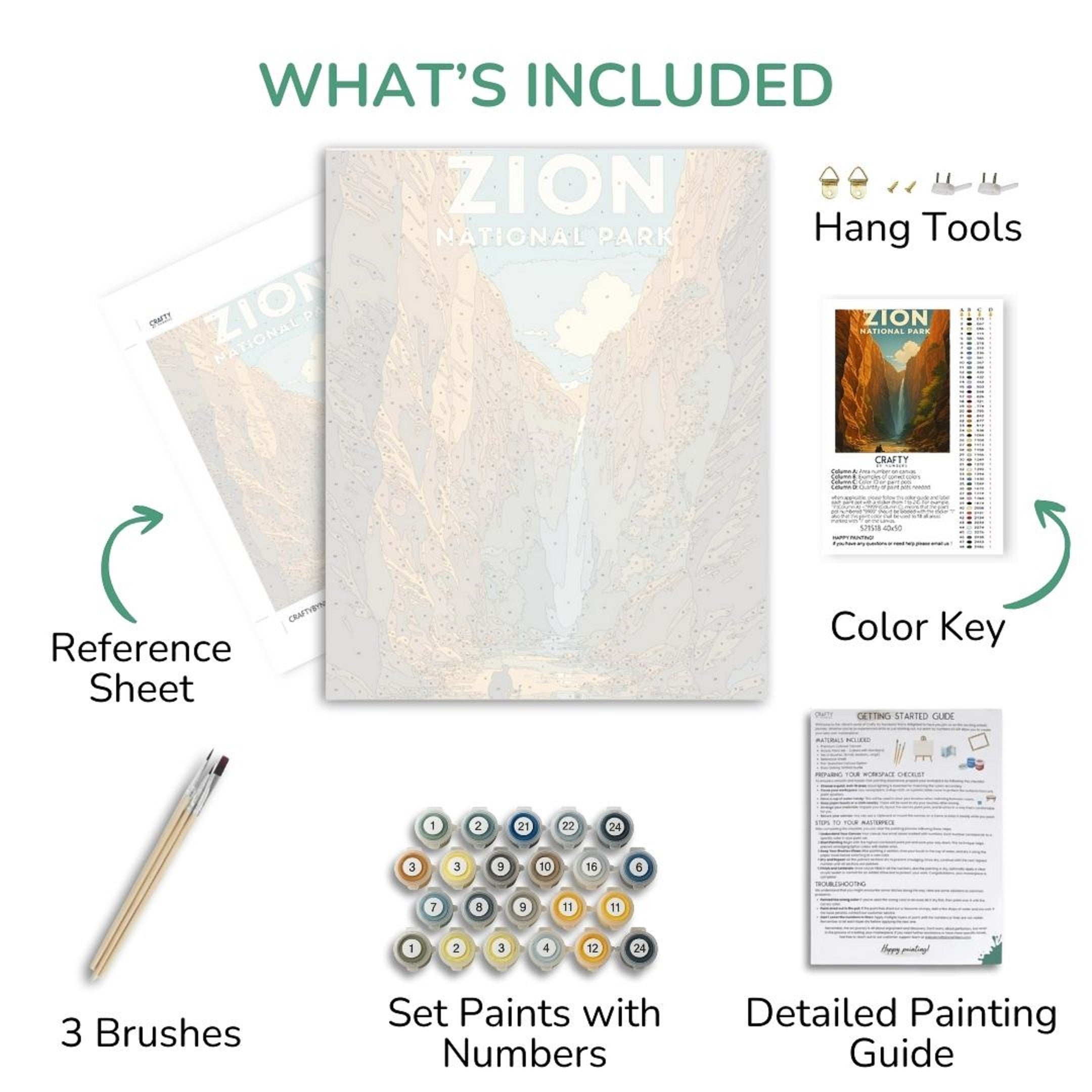 Zion National Park painting kit with reference sheet, brushes, paint set, color key, and detailed painting guide.