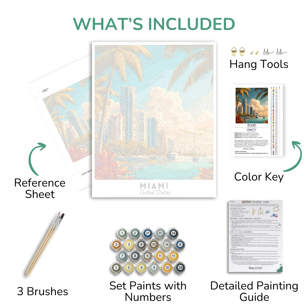 Artistic painting kit components including a reference sheet, brushes, paint set, color key, and detailed painting guide.
