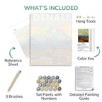 Painting kit components including a reference sheet, paint set, brushes, and detailed guide.