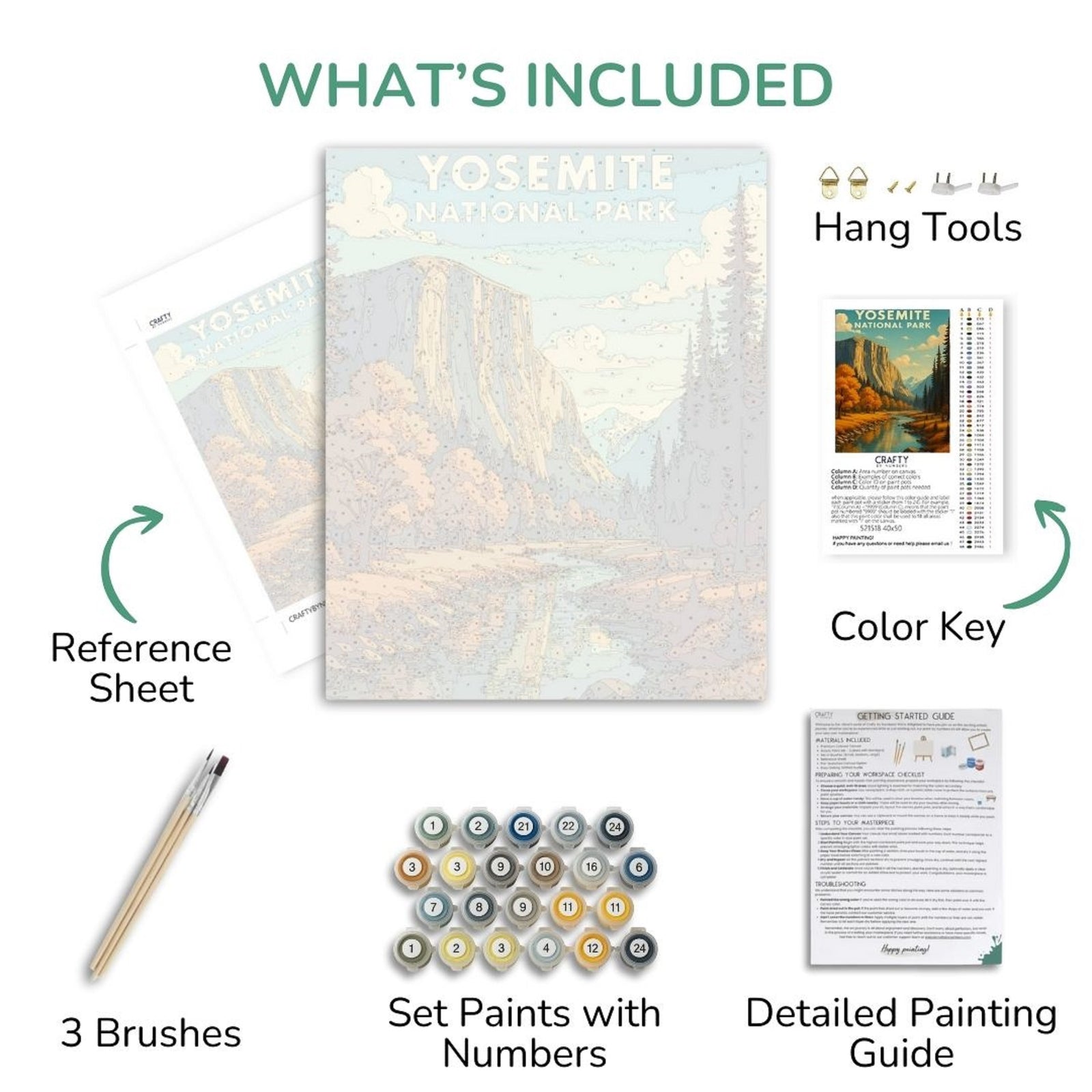Yosemite National Park art set with reference sheet, brushes, paint set, and detailed guide.