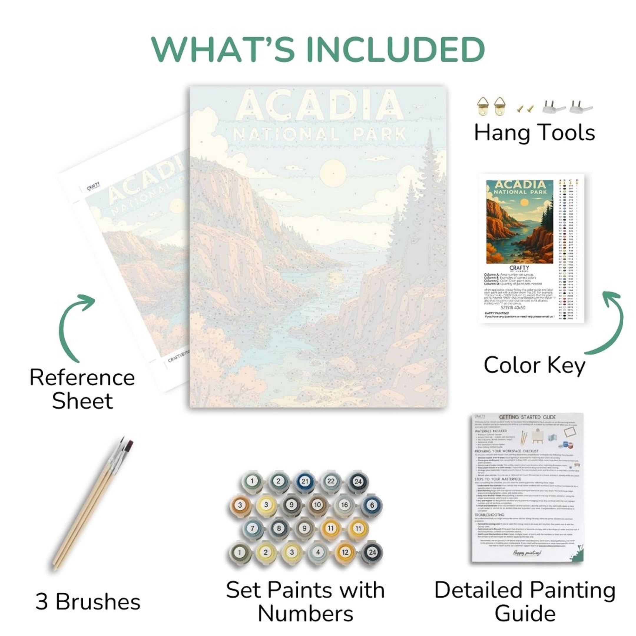 Acadia National Park paint by numbers kit with components listed